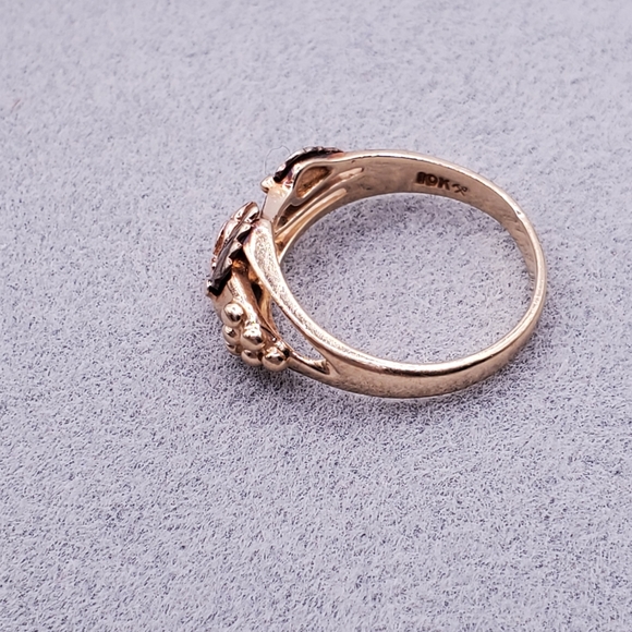 10k Solid Yellow & Rose Gold Natural Round Diamond Rose Flower & Vine Ring - Picture 4 of 9